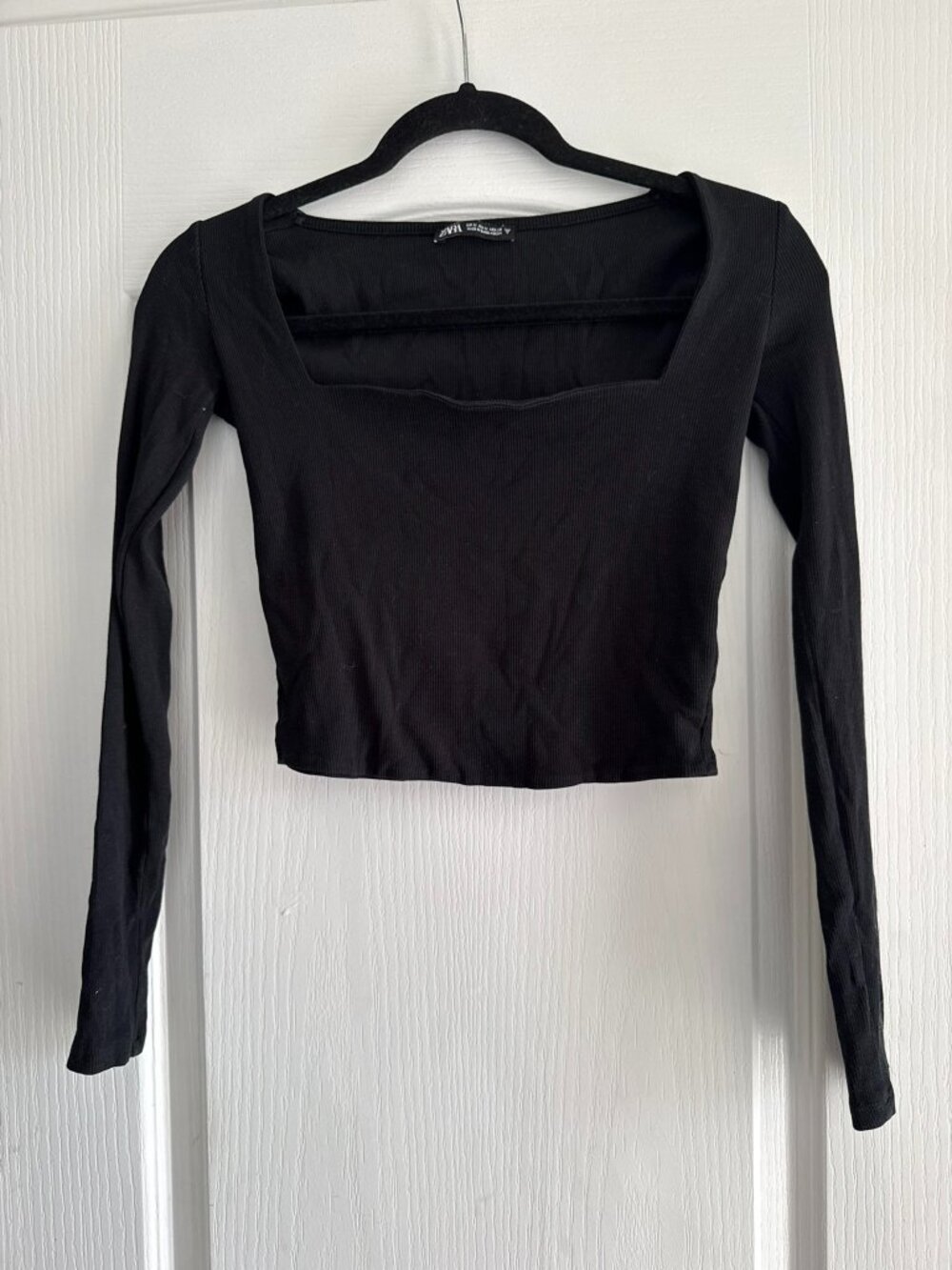 ZARA Black Ribbed Square Neck Long Sleeve Crop Top Size M